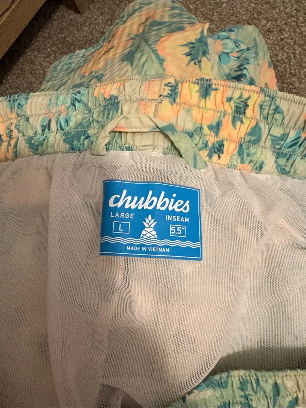 chubbies Men's Teal Floral Swim Trunks with Yellow Accents